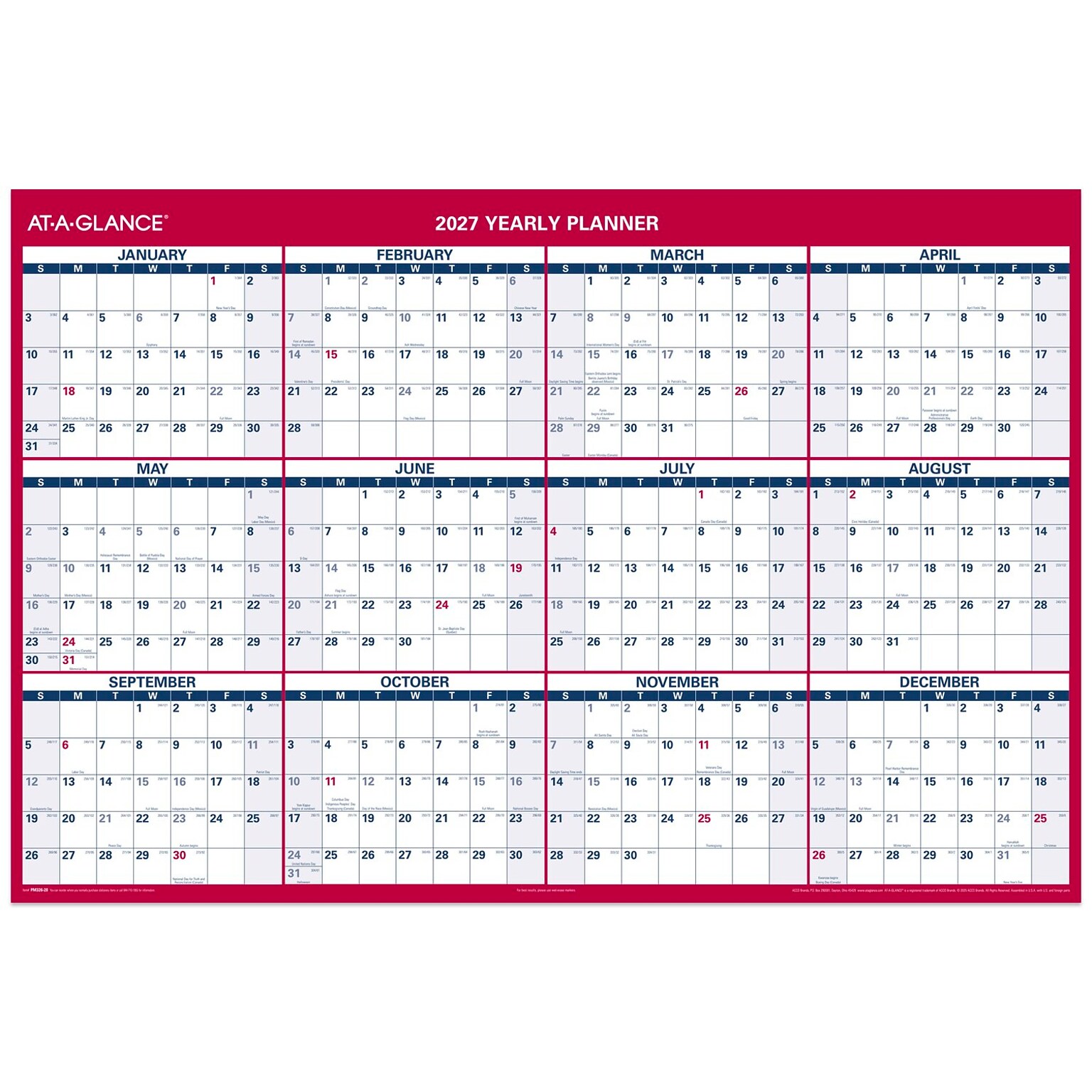 2027 AT-A-GLANCE 48 x 32 Yearly Dry Erase Wall Calendar, Reversible, White/Red (PM326-28-27)