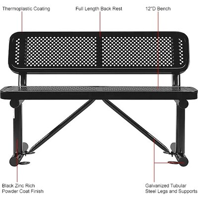 Global Industrial 4' Outdoor Steel Bench w/ Backrest, Perforated Metal, Black (695744BK)