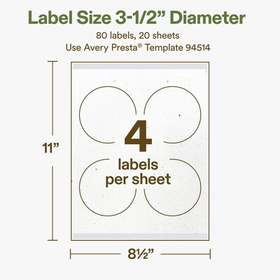 Avery Hemp Round Laser/Inkjet Multipurpose Labels, 3-1/2" Dia, Off-White (80/Pack)