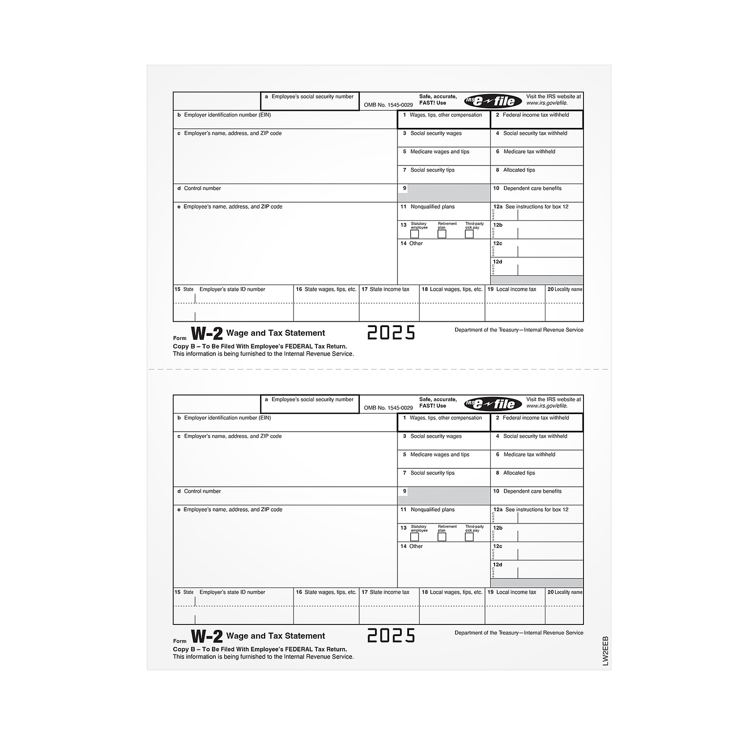 Adams Employees Copies Cut Sheet 2025 W-2 Tax Form, 1-Part, Copy B, 100/Pack (LW2EEBQ)
