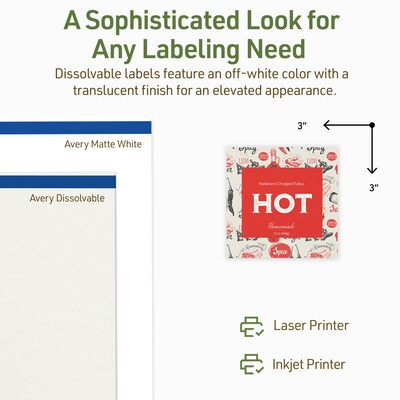 Avery Dissolvable Square Multipurpose Labels, 3" x 3", Off-white, 30/Pack (94101)