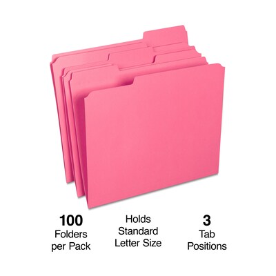 Staples Reinforced File Folders, 1/3-Cut Tab, Letter Size, Pink, 100/Box (508952)