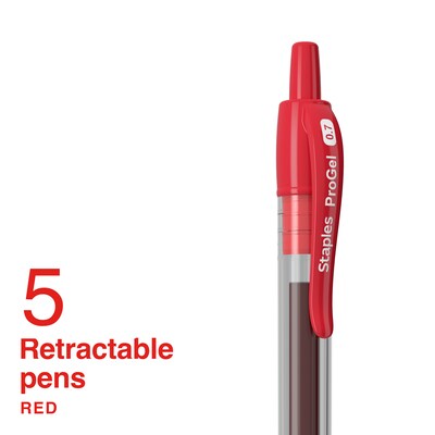 Staples ProGel™ Retractable Gel Pen, Fine Point, 0.7mm, Red Ink, 5/Pack (ST63014)