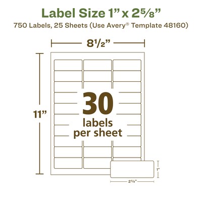 Avery EcoFriendly Laser/Inkjet Address Labels, 1" x 2-5/8", White, 750 Labels/Pack (48160)