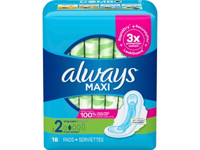 Always Maxi Long Super Daytime Pad with Wings, Unscented, 18/Pack, 8 Packs/Carton (03368)