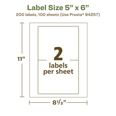 Avery EcoFriendly Laser/Inkjet Rectangle Multipurpose Labels, 5" x 6", White, 200/Box (94257)