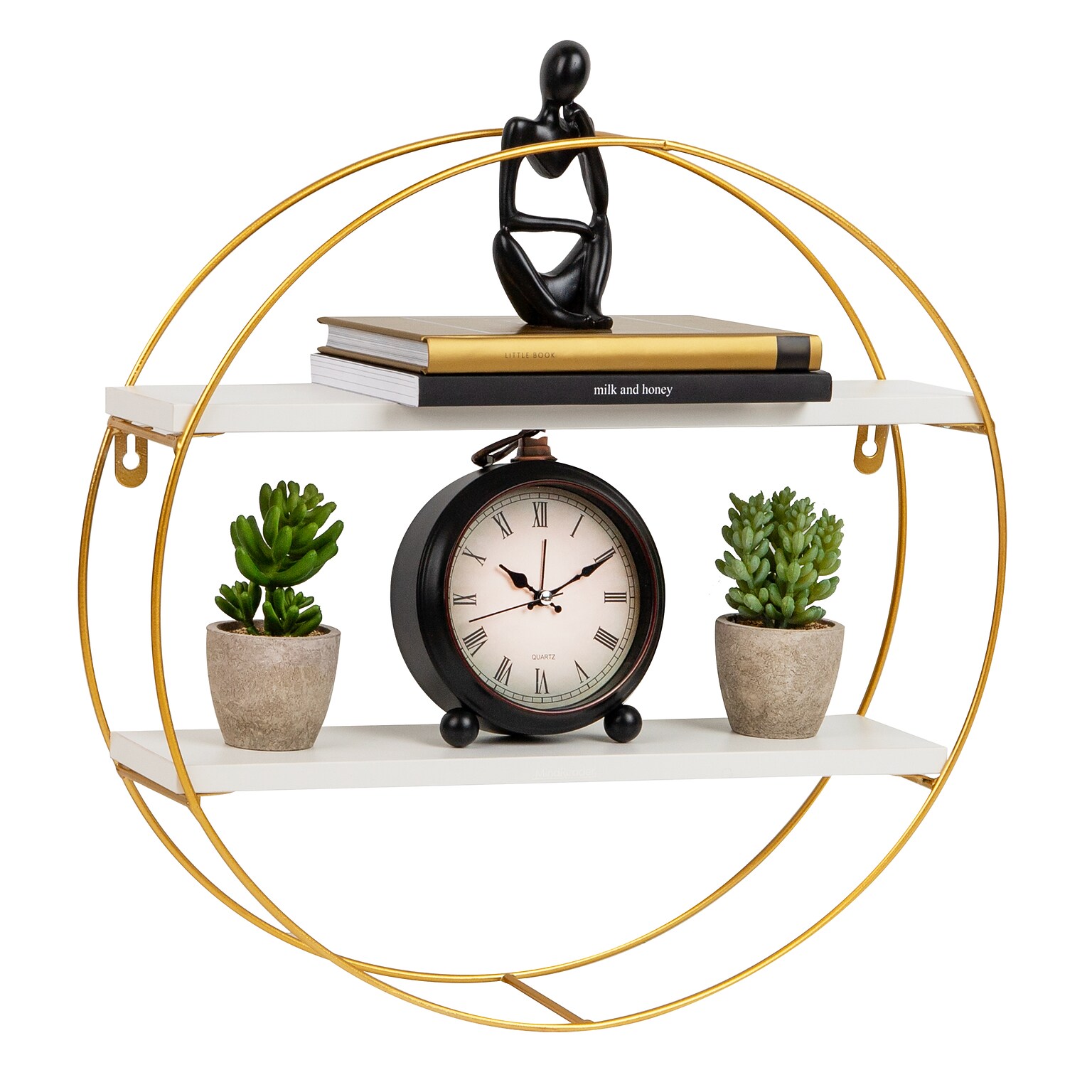 Mind Reader Metal Floating Round Wall Shelf, 15.5 x 3.81 x 16, White/Gold (MDGCIR-WHT)
