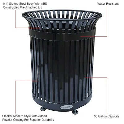 Global Industrial Outdoor Heavy-Duty Slatted Steel Trash Can, 36 Gallon, 34"H, Black (641631BK)