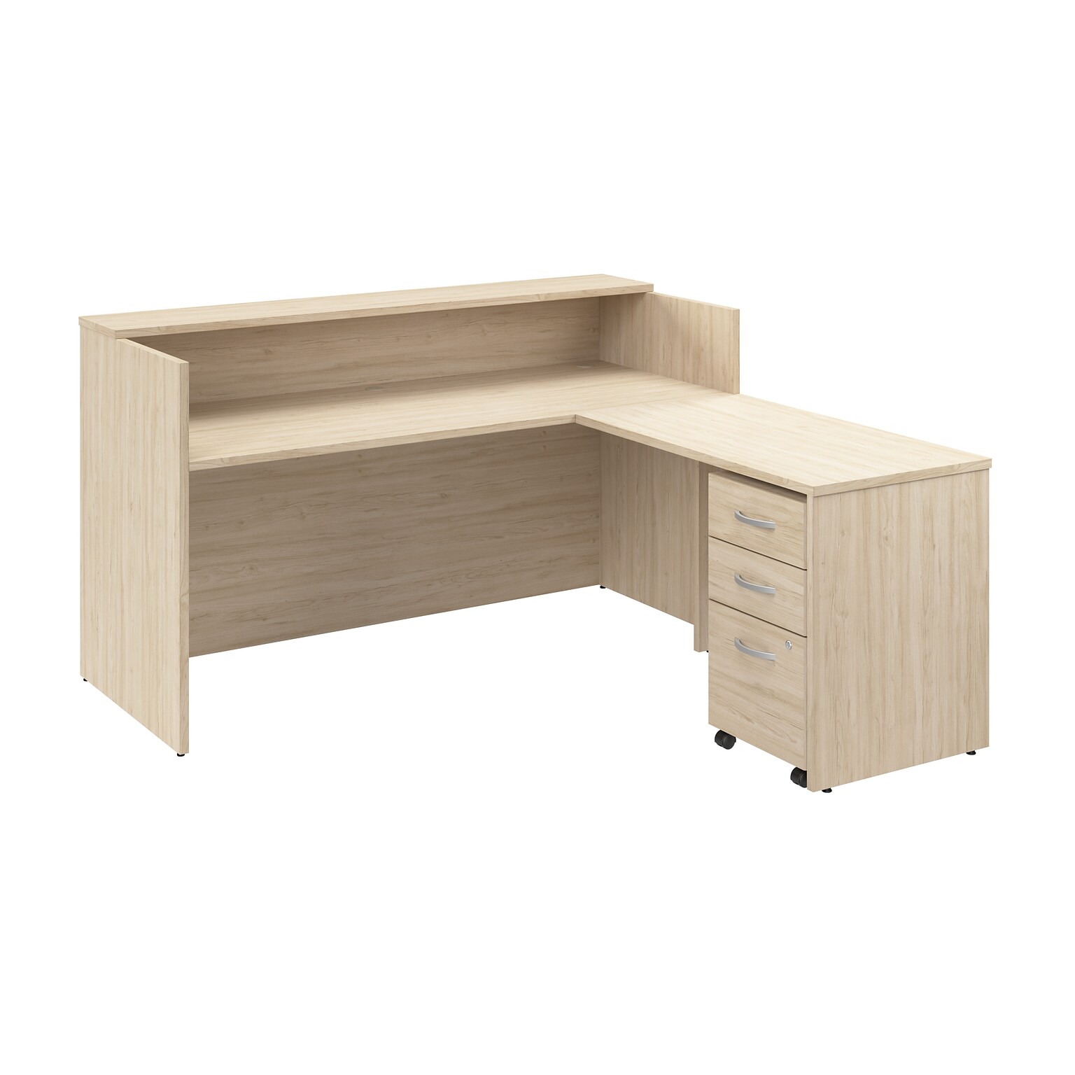 Bush Business Furniture Arrive 72W L Shaped Reception Desk with Shelf and Mobile File Cabinet, Natural Elm (ARV007NE)