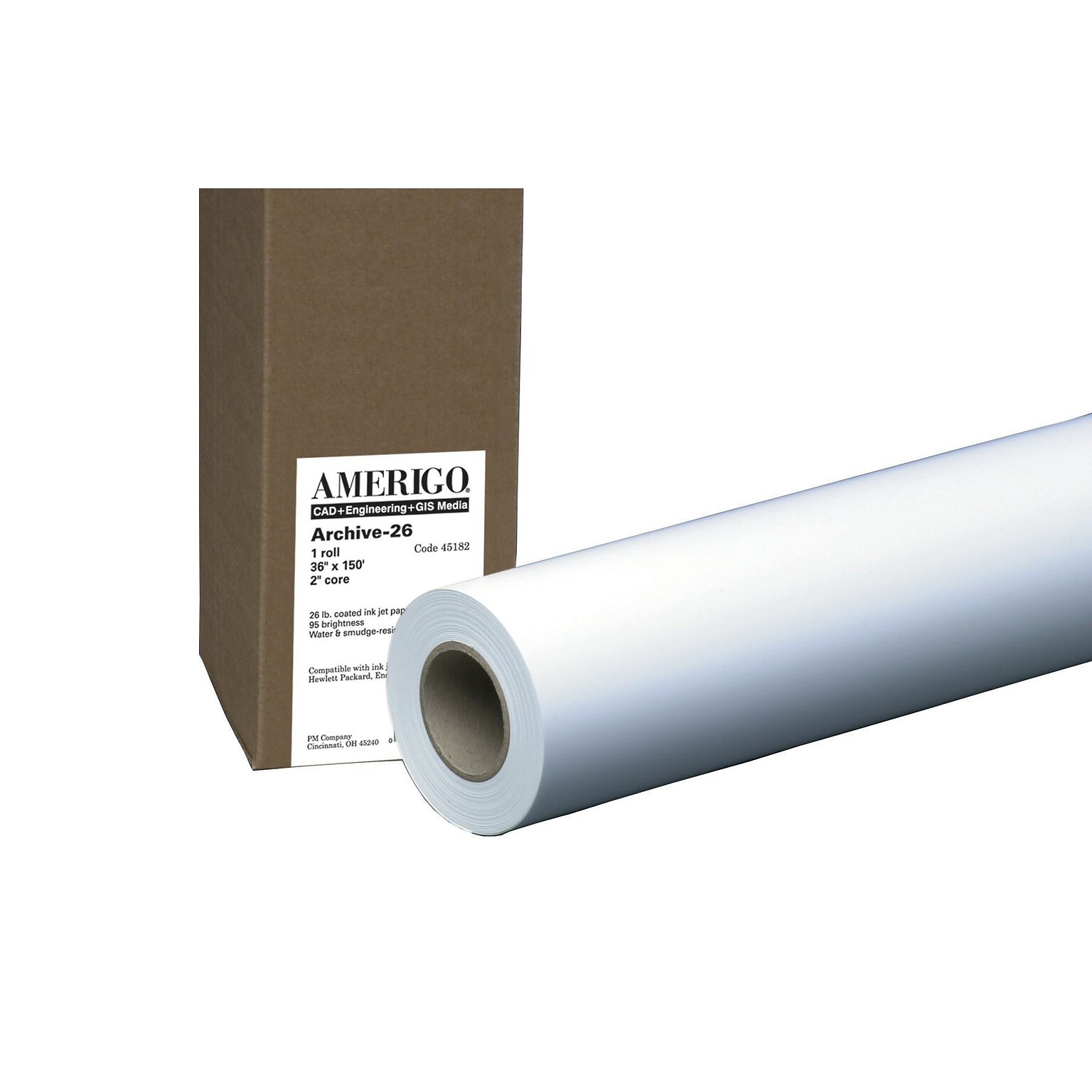 PM Company® Amerigo® Bond Inkjet Coated 95 Brightness 2 Core Wide Format Roll, 36 x 150, White (45182)