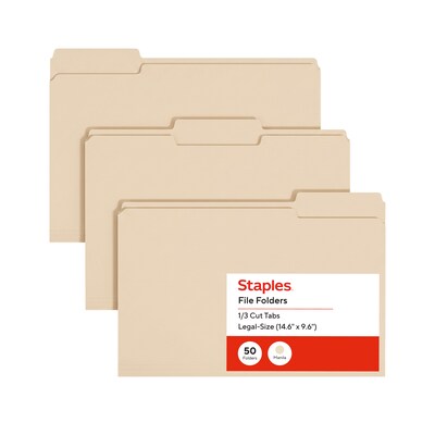 Staples File Folders, Legal Size, 1/3-Cut Tabs, Assorted Positions, Manila, Durable Paper Stock, 50/Pack