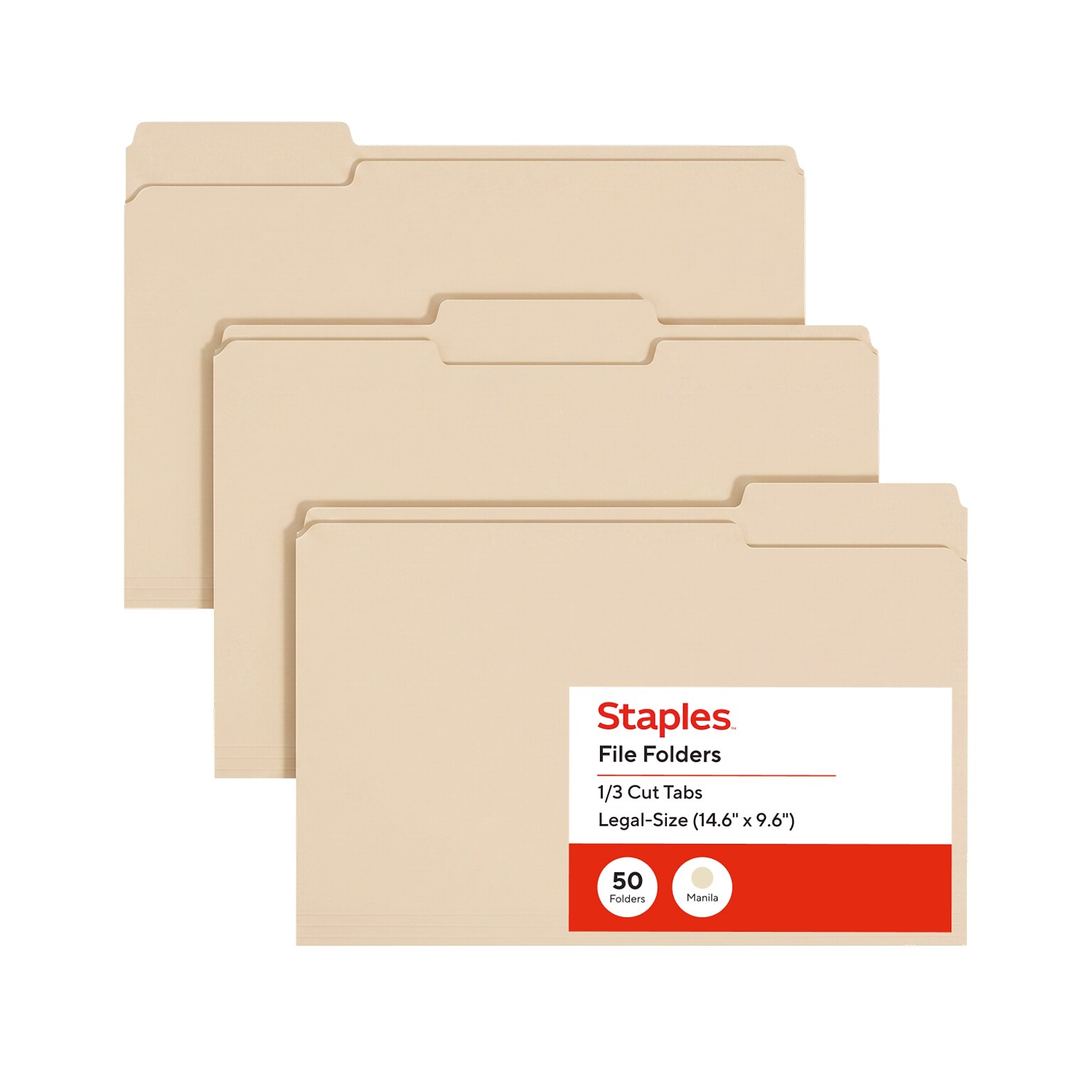 Staples File Folders, Legal Size, 1/3-Cut Tabs, Assorted Positions, Manila, Durable Paper Stock, 50/Pack