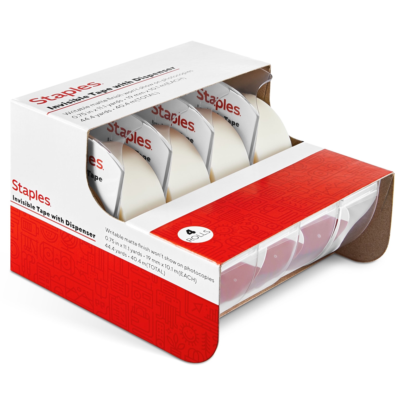 Staples® Invisible Clear Tape, 0.75 x 11.1 yds., 1 Core, Transparent, 4 Rolls/Pack (52384-P4D)