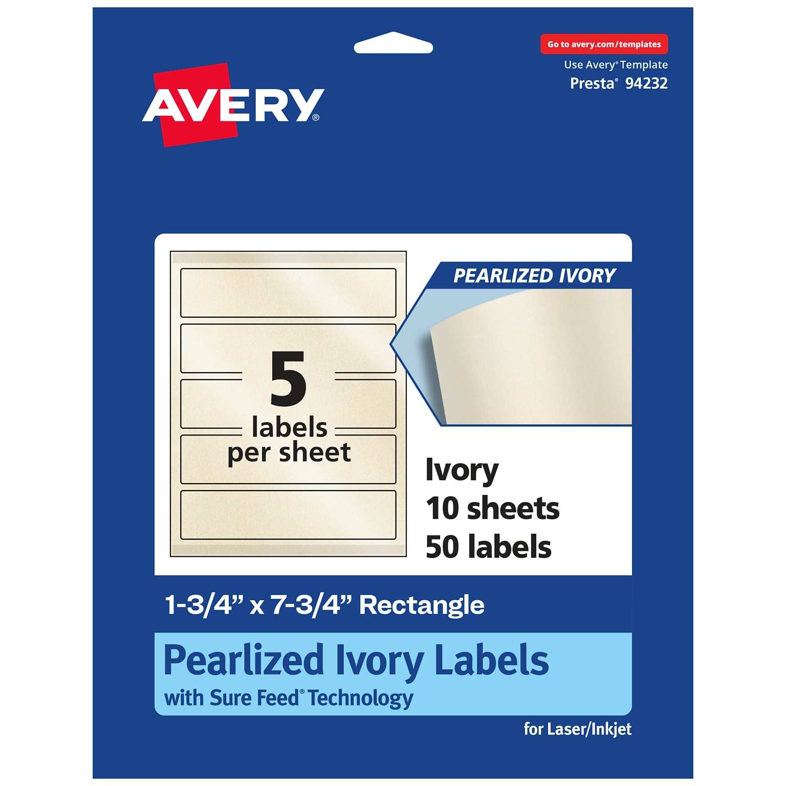 Avery Pearlized Ivory Rectangle Multipurpose Labels, 1.75 x 7.75, Ivory, 50/Pack (94232)