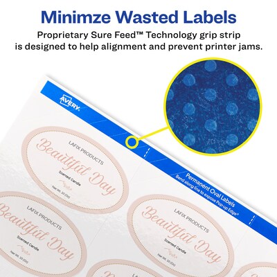 Avery Print-to-the-Edge Laser/Inkjet Oval Labels, 2" x 3 1/3", Glossy White, 80 Labels/Pack (22820)