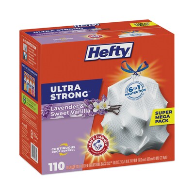 Hefty® Ultra Strong Scented Tall White Kitchen Bags, 13 gal, 0.9 mil, 23.75" x 24.88", White, 110 Bags/Box, 3 Boxes/Carton