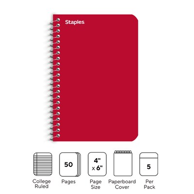 Staples Memo Pad, 4 x 6, College Ruled, Assorted Colors, 50 Sheets/Pad, 5 Pads/Pack (ST11495N)