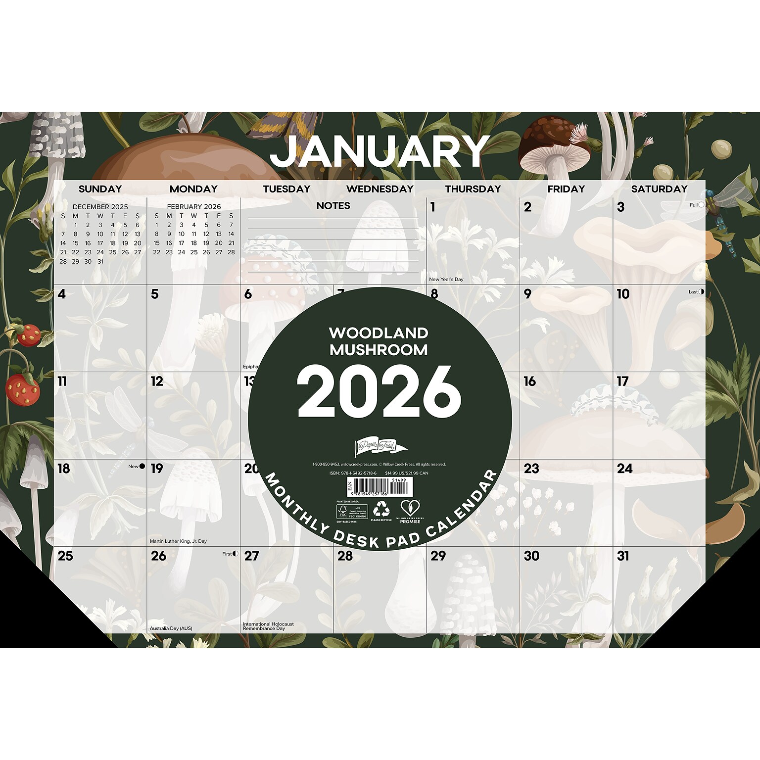 2026 Willow Creek Woodland Mushroom 17 x 12 Monthly Desk Pad Calendar (57186)