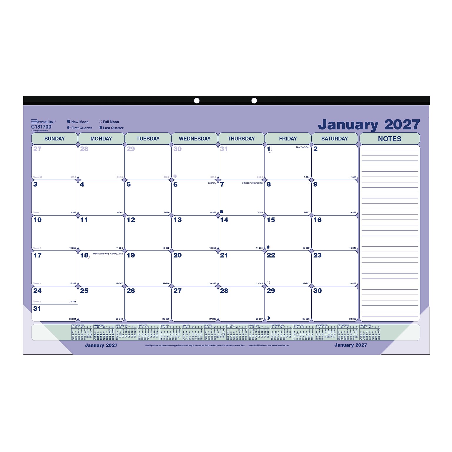 2027 Brownline Classic 17.75 x 10.875 Monthly Desk Pad Calendar, Blue/White (C181700-27)