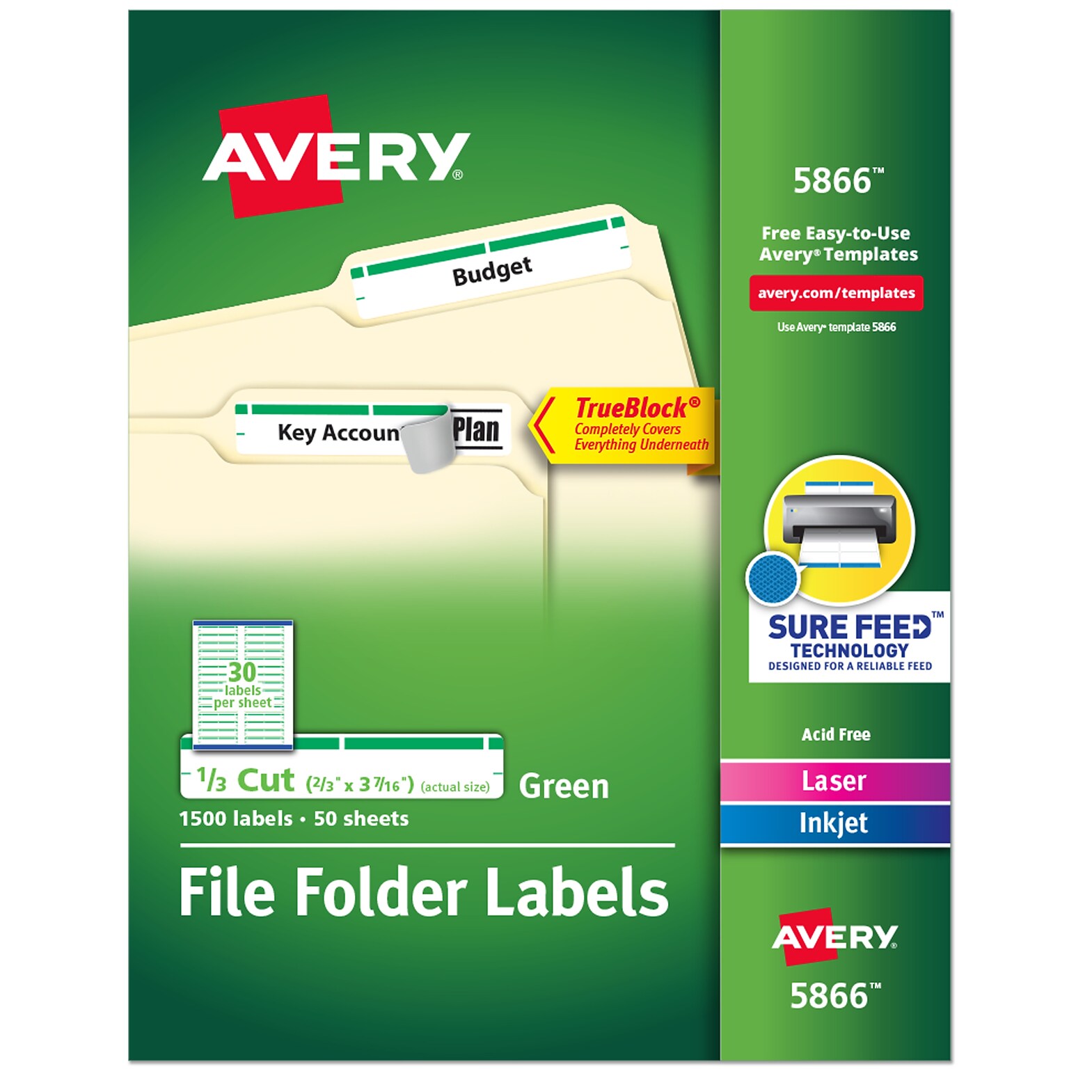 Avery TrueBlock Laser/Inkjet File Folder Labels, 2/3 x 3-7/16, White/Green, 1,500 Labels/Pack (5866)