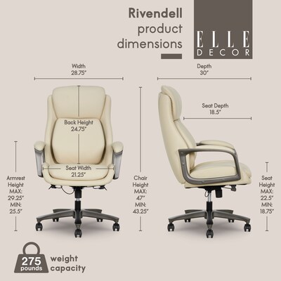 Elle Decor Rivendell AIR Lumbar Ergonomic Vegan Leather Swivel Executive Chair, Cream (60124-CRM)