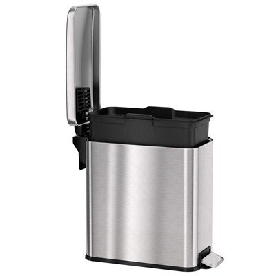 iTouchless SoftStep Stainless Steel Slim Step Trash Can with AbsorbX Odor Control System, Silver, 3 Gal. (PS03RSS)