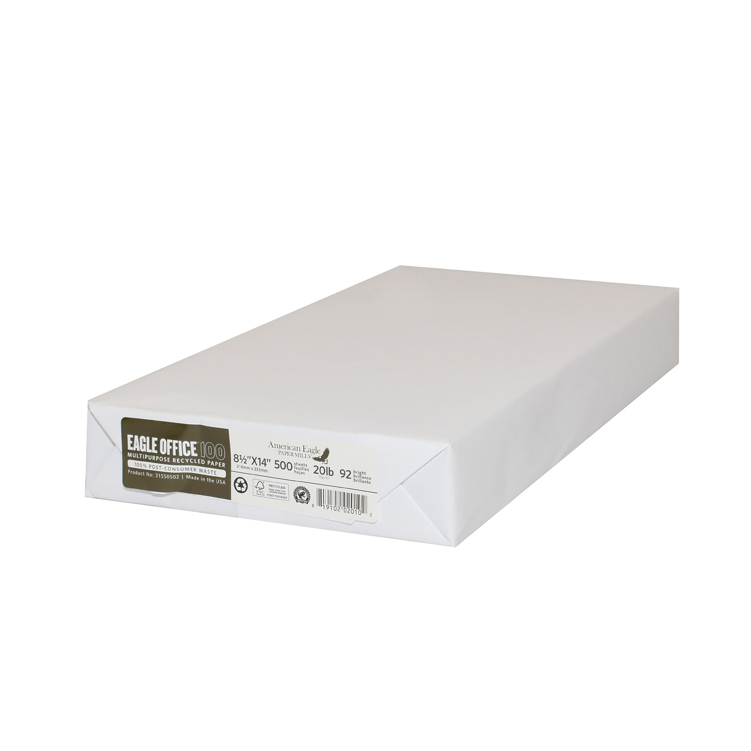 American Eagle 100% Recycled 8.5 x 14 Multipurpose Paper, 20 lbs., White, 500 Sheets/Ream (31550502)