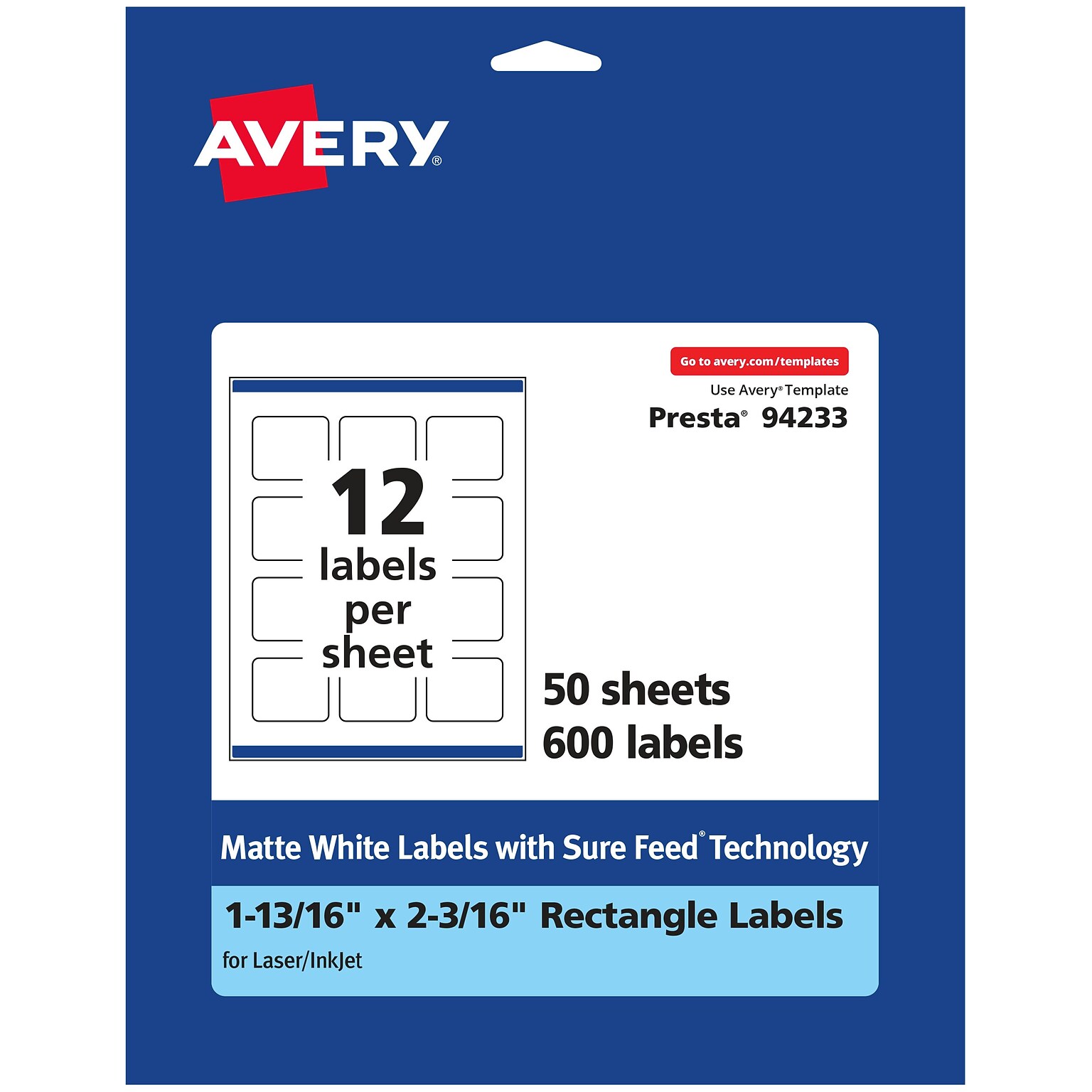 Avery Laser/Inkjet Multipurpose Labels, 2.1875  x 1.8125, Matte White, 600/Box (94233)