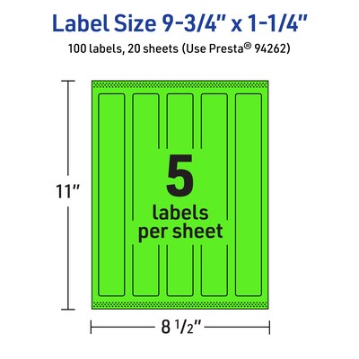 Avery Laser/Inkjet Multipurpose Rectangle Labels, 9.75" x 1.25", Neon Green, 100/Pack (94262)