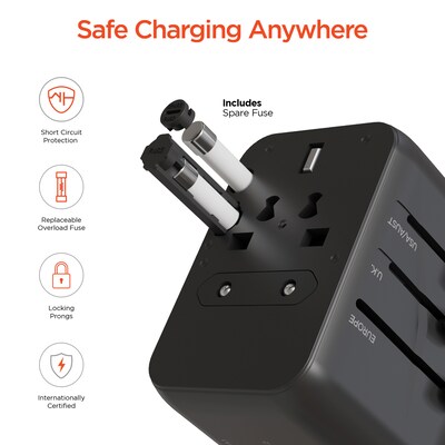 HyperGear WorldCharge Universal Travel Adapter with USB/USB A/USB C Ports, Black (15822)