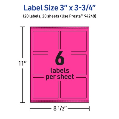 Avery Laser/Inkjet Rectangle Multipurpose Labels, 3" x 3.75", Neon Magenta, 120/Pack (94248)