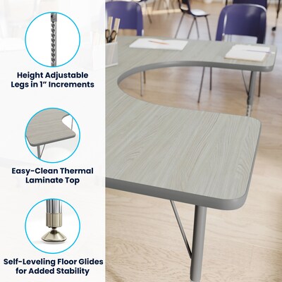 Flash Furniture Wren Horseshoe Activity Table, 66" x 60", Height Adjustable, Light Gray Top/Silver Frame (XUA6066HRSLGTA)