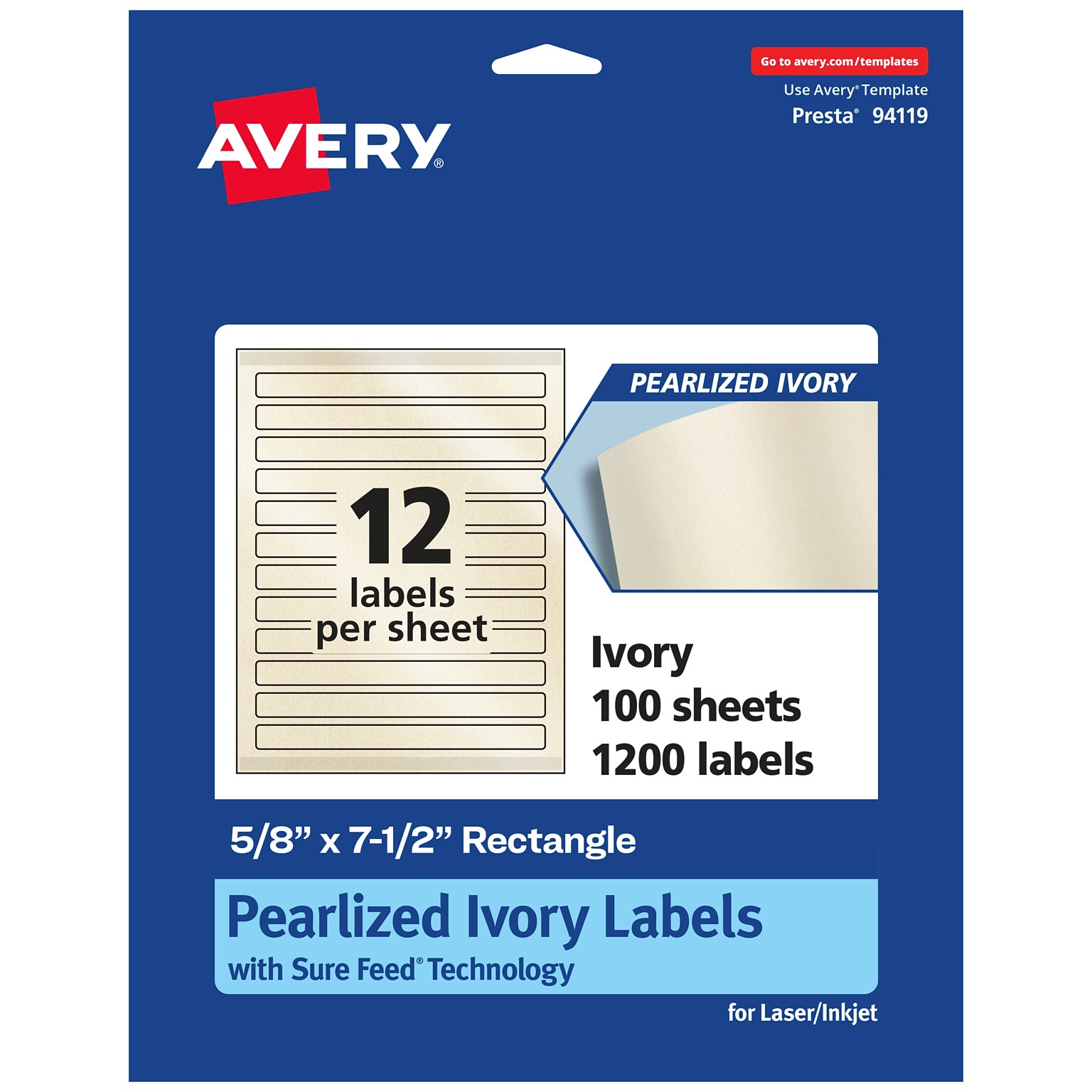 Avery Pearlized Ivory Rectangle Multipurpose Labels, 5/8 x 7-1/2, Ivory, 1200/Box (94119)