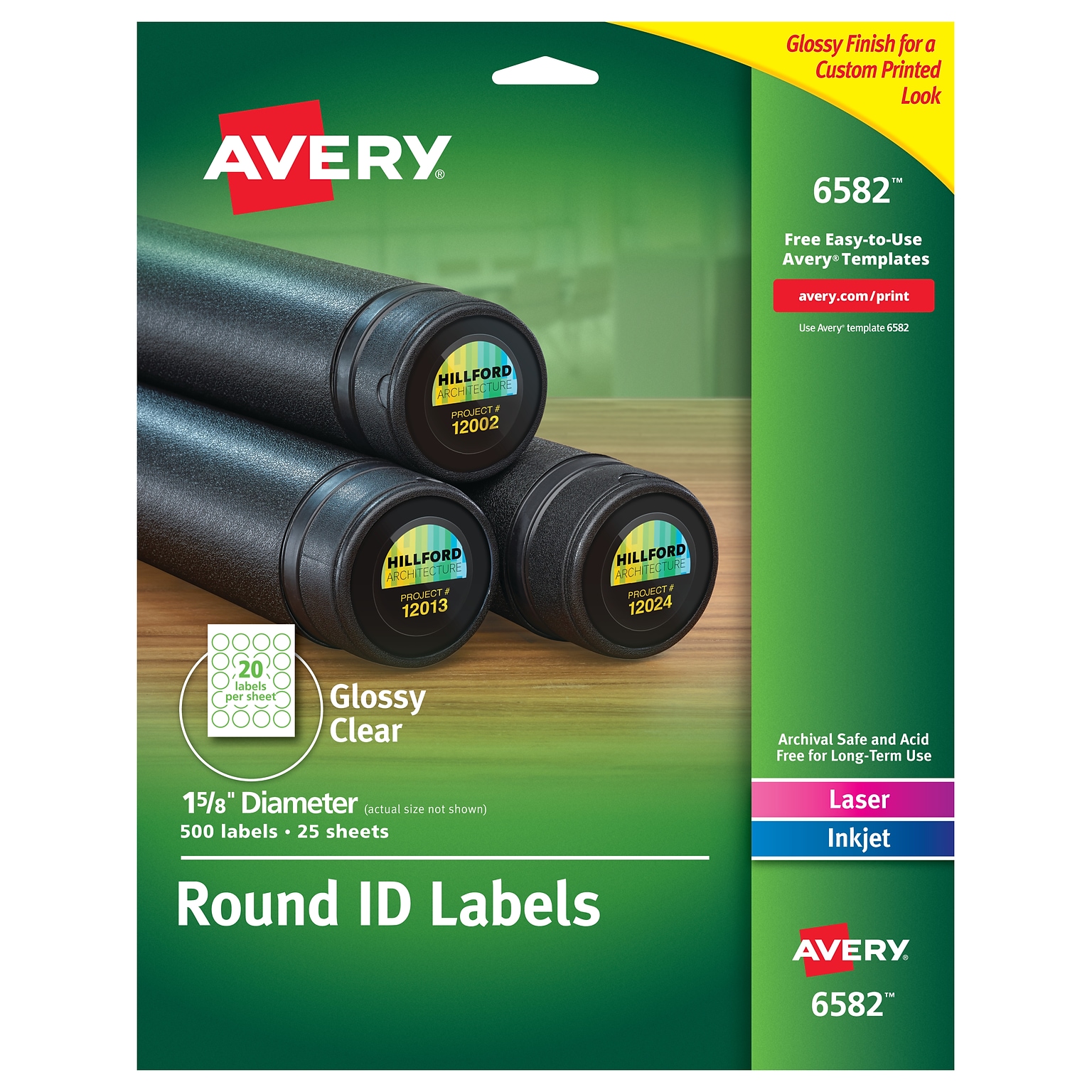 Avery Laser/Inkjet Identification Labels, 1 5/8 Dia., Glossy Clear, 20/Sheet, 25 Sheets/Pack (6582)