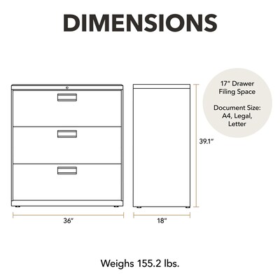 HON Brigade 600 Series 3-Drawer Lateral File Cabinet, Locking, Letter/Legal, Gray, 36W (H683.L.Q)