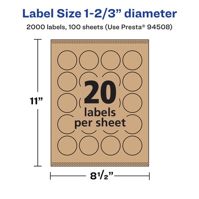 Avery Laser/Inkjet Multipurpose Circle Labels, 1.66" Dia, Kraft Brown, 2000/Box (94508)