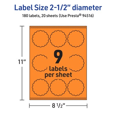 Avery Laser/Inkjet Multipurpose Decorative Edge Labels, 2.5" Dia., Bright Orange, 180/Pack (94516)