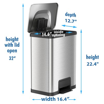 halo AirStep Stainless Steel Rectangular Step Pedal Trash Can with AbsorbX Odor Control System, 13 Gal., Silver (TR13SS)