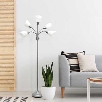 Simple Designs 67" Silver Metal Medusa Floor Lamp with 5 Adjustable White Cone Shades (LF2006-SVW)