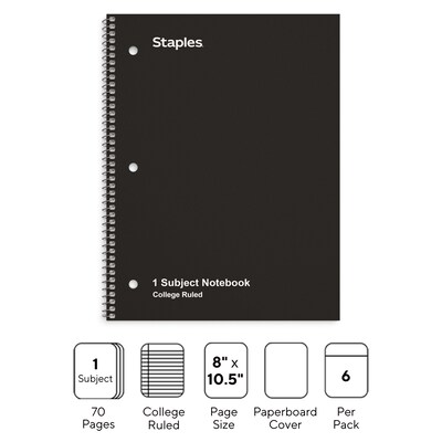 Staples 1-Subject Notebook, 8" x 10.5", College Ruled, 70 Sheets, Black, 6/Pack (TR58374)