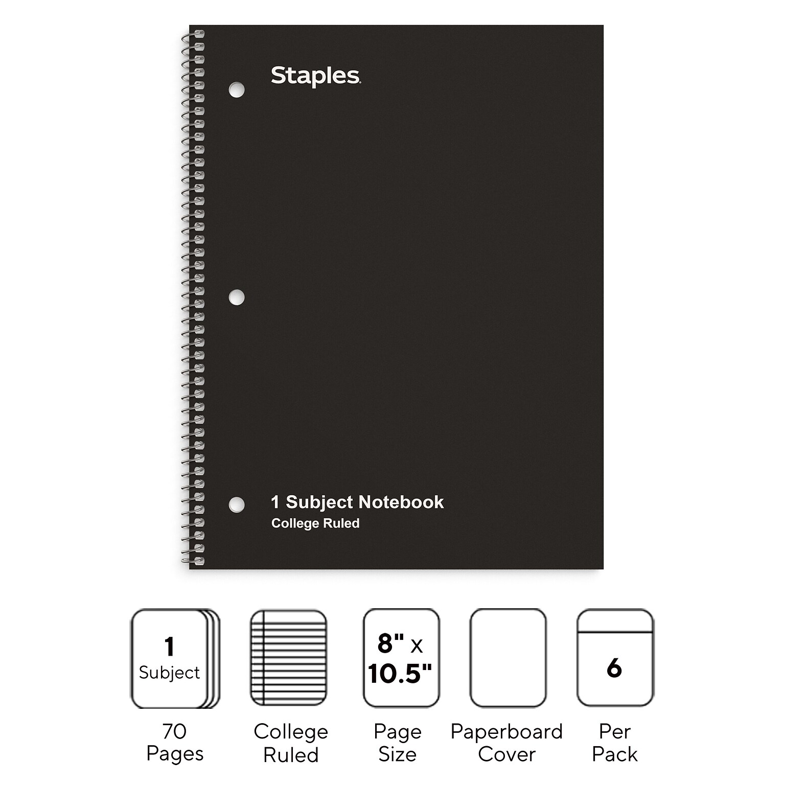 STAPLES 1-Subject Notebook, 8” x 10.5”, College Ruled, 70 Sheets, Black