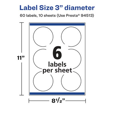 Avery Laser/Inkjet Round Multipurpose Labels, 3" Dia., Glossy Clear, 60 Labels/Pack (94513)