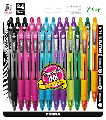 Zebra Z-Grip Retractable Ballpoint Pen, Medium Point, 1.0mm, Assorted Ink, 24 Pack (12271)