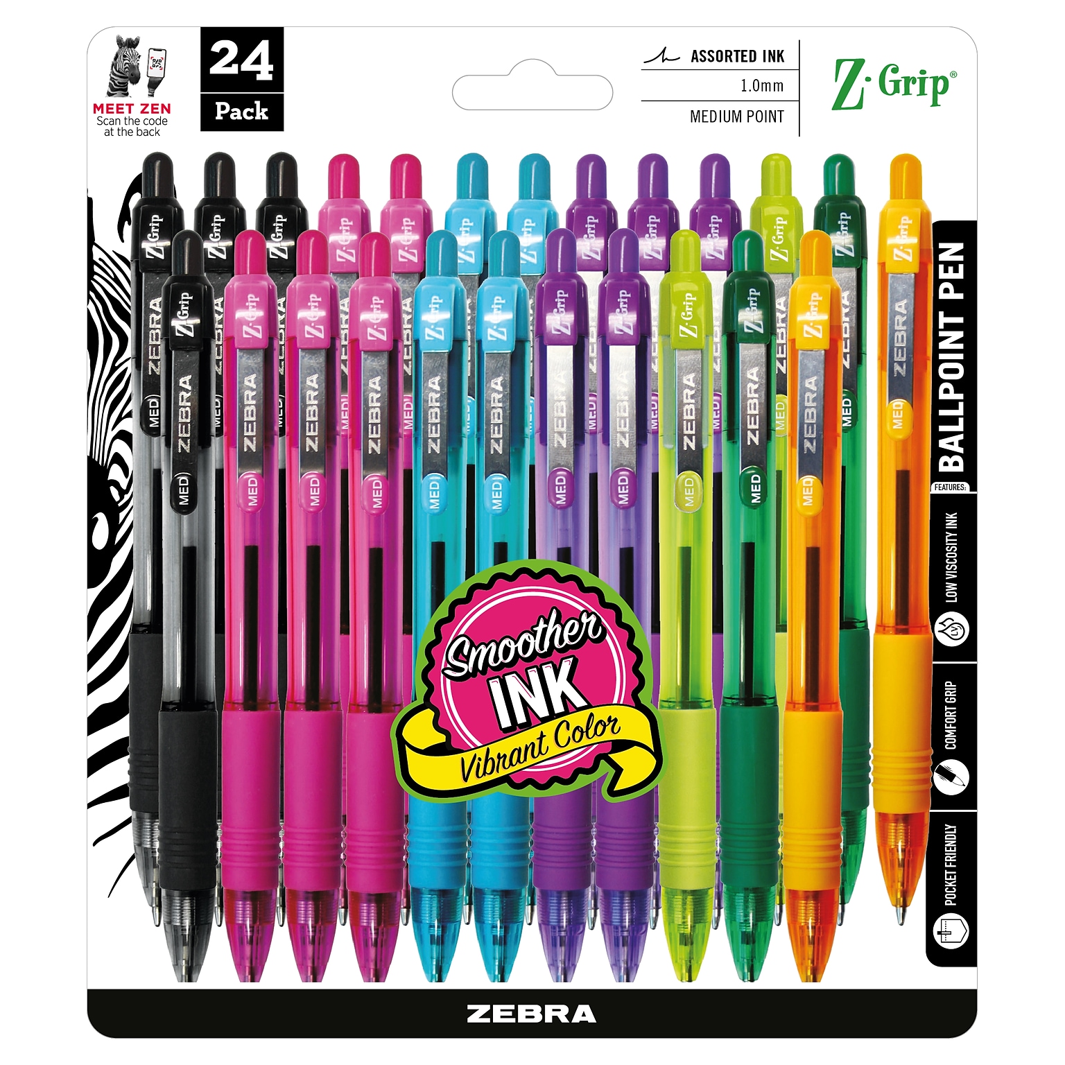 Zebra Z-Grip Retractable Ballpoint Pen, Medium Point, 1.0mm, Assorted Ink, 24 Pack (12271)
