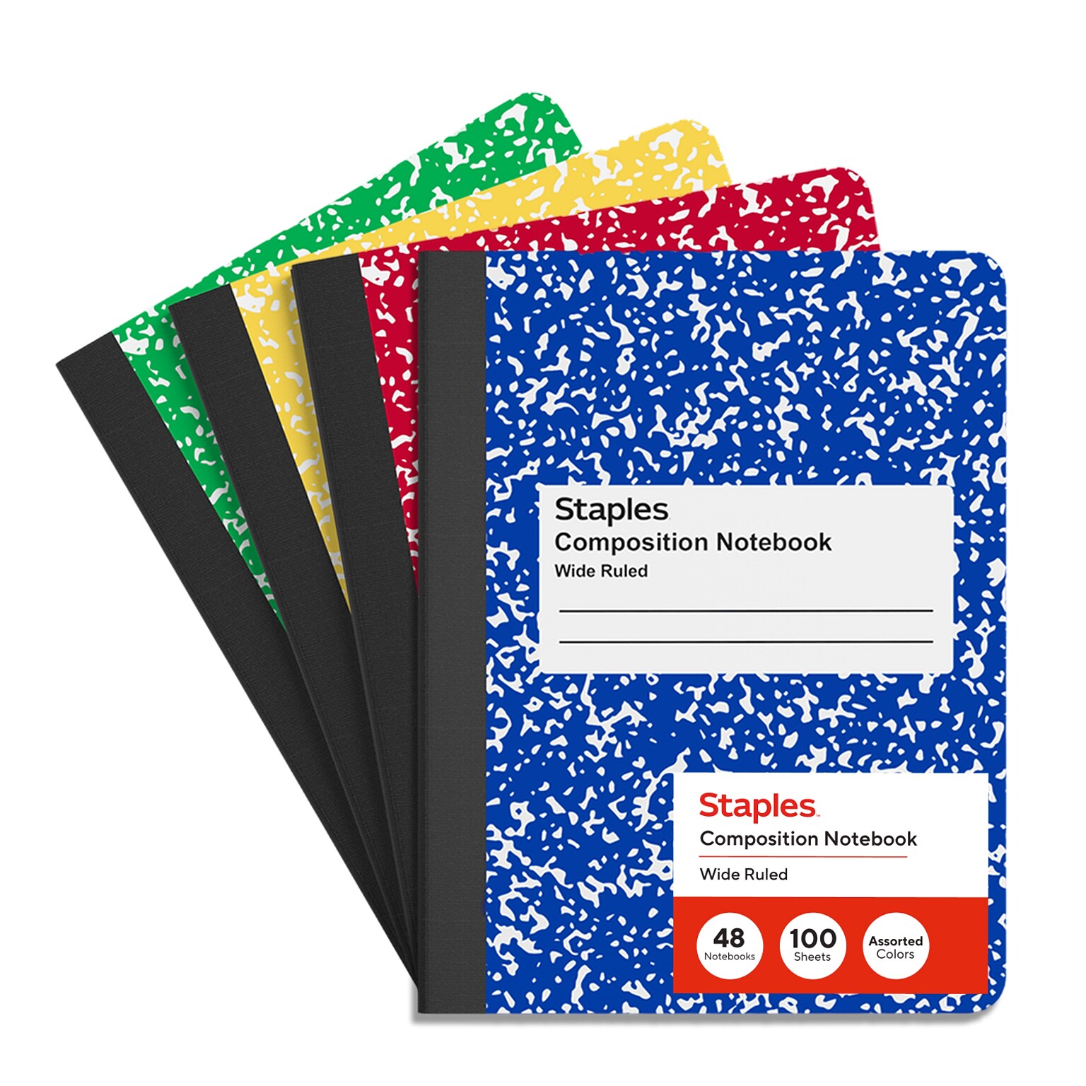 STAPLES Composition Notebook, 9.75” x 7.5”, Wide Ruled, Assorted Colors, 48/Pack
