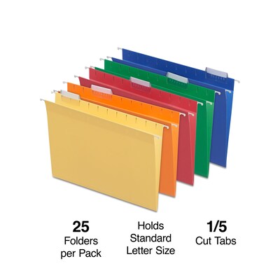 Quill Brand® Hanging File Folders, 1/5-Cut, Letter Size, Assorted, 25/Box (7387QAD)