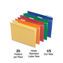 Quill Brand® Hanging File Folders, 1/5-Cut, Letter Size, Assorted, 25/Box (7387QAD)