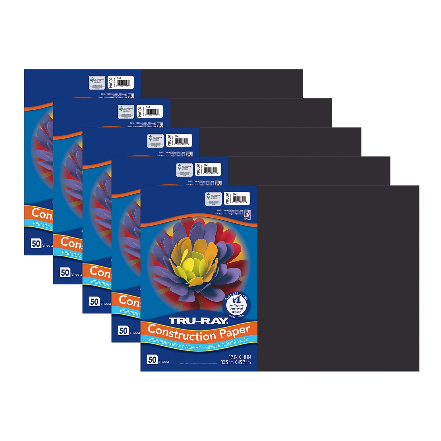 Tru-Ray 12 x 18 Construction Paper, Black, 50 Sheets/Pack, 5 Packs/Bundle (PAC103061-5)