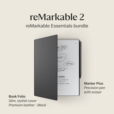 reMarkable 2 10.3" Paper Tablet with Marker Plus and Premium Leather Book Folio, Silver (RM115M)