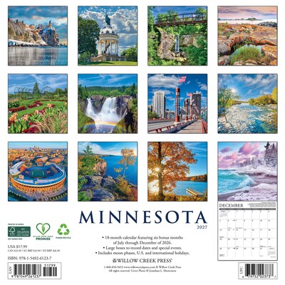 2027 Willow Creek Minnesota 12 x 12 Monthly Wall Calendar, Assorted Colors (61237)